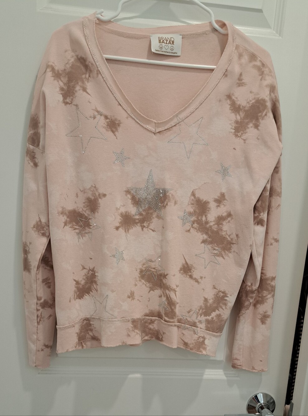 Pink Tie-Dye Shiney  Star Embellished V-Neck Sweatshirt